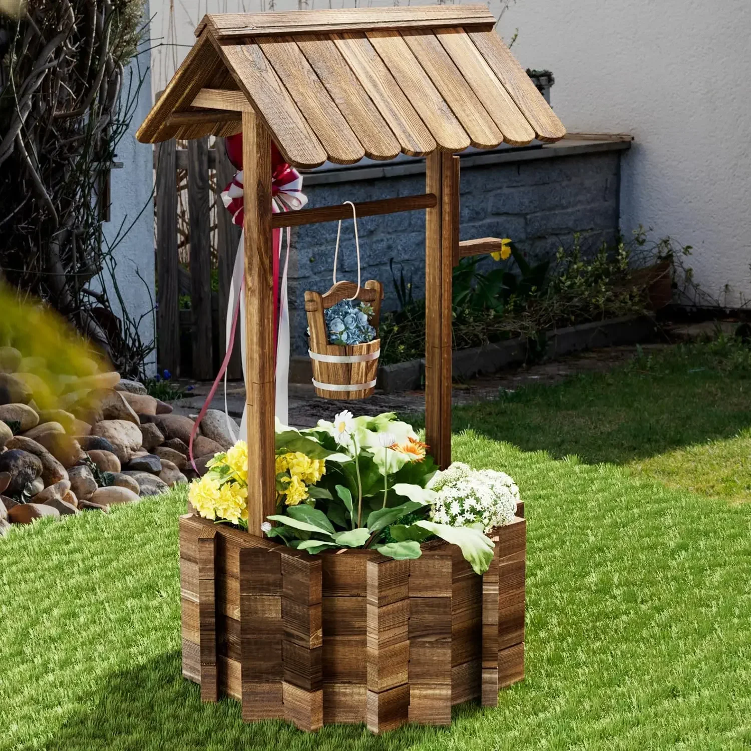 

%a Wooden Wishing Well Planter with Hanging Bucket for Flower and Plants Indoor and Outdoor, Rustic Flower Planter Patio Garde