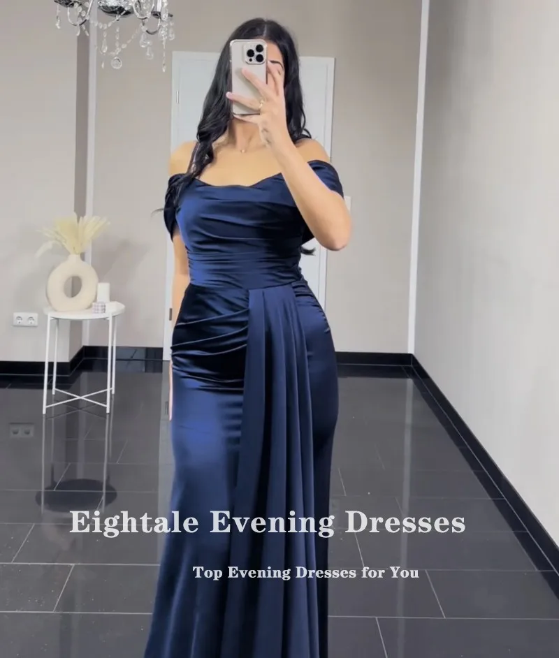 Eightale Arabic Evening Dress Satin Navy Blue Mermaid Prom Gowns Celebrity Wedding Party Dress Vestidos De Noch