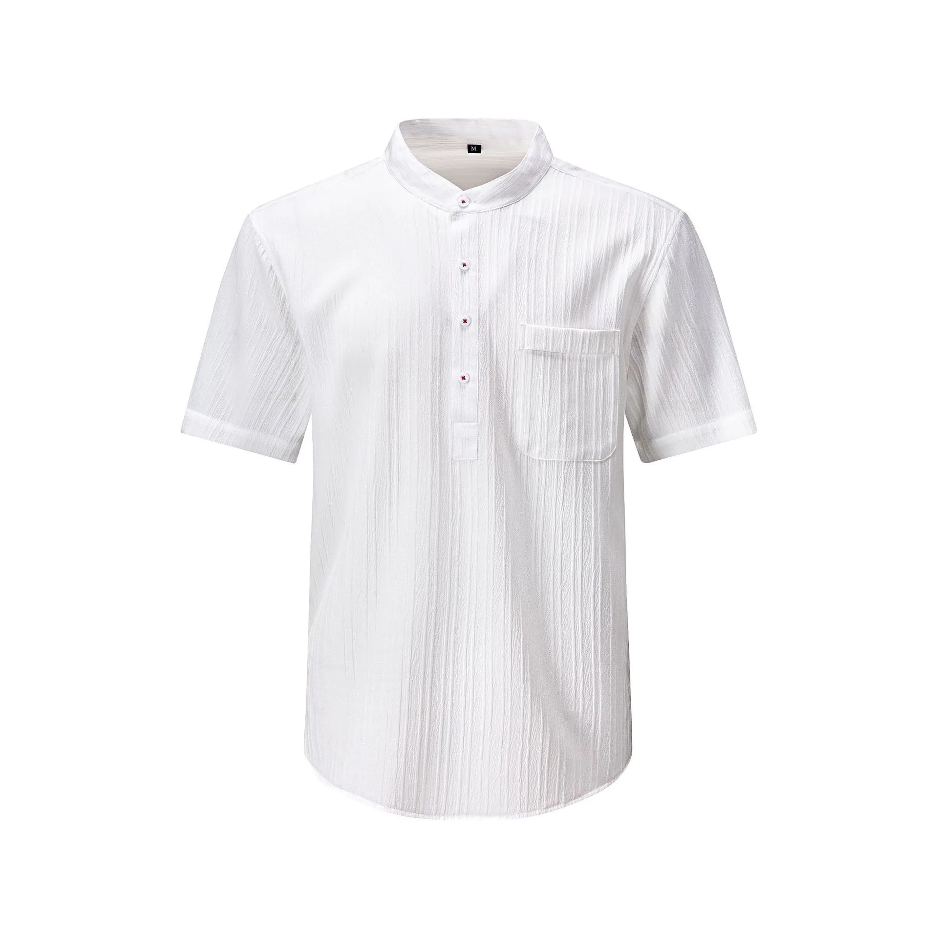 

Men's Henry Shirt Wave Stripe Short Sleeve Fashion Stand Collar Wrinkle Resistant Slim Fit Casual Comfortable Button Down Shirt