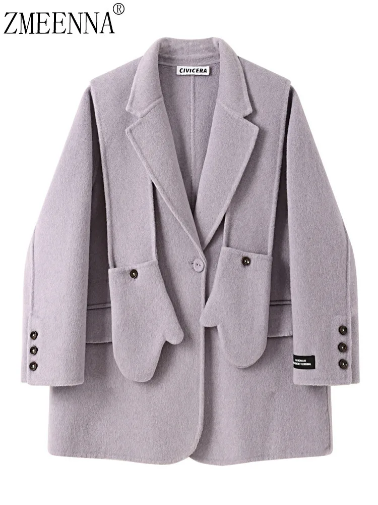 

ZMEENNA женский пиджак большого размера, фиолетовый пиджак с зубчатыми лацканами и уникальными встроенными карманами на варежках ZM4260