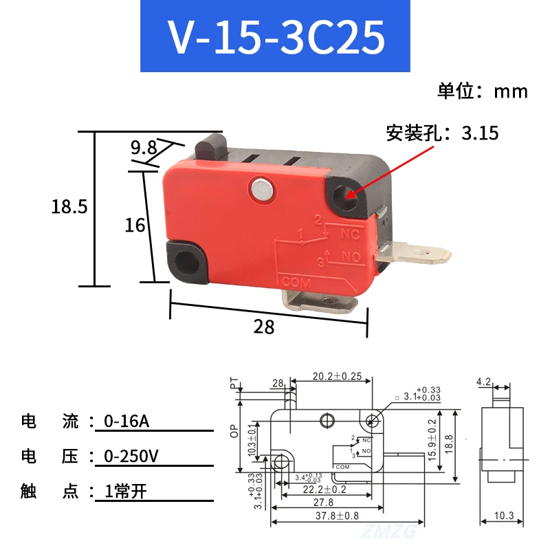 V-15 V-151 V-152 V-153 V-154 V-155 V-156-1C25 Micro Switch 16A 250VAC SPDT Momentary Travel Limit Switch 1NO1NC Lever Roller