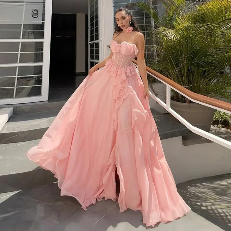 Little Daisy Blush Pink Chiffon Prom Dresses Strapless High Split A-Line Ruffles Princess 2024 Evening Gown for Women Formal