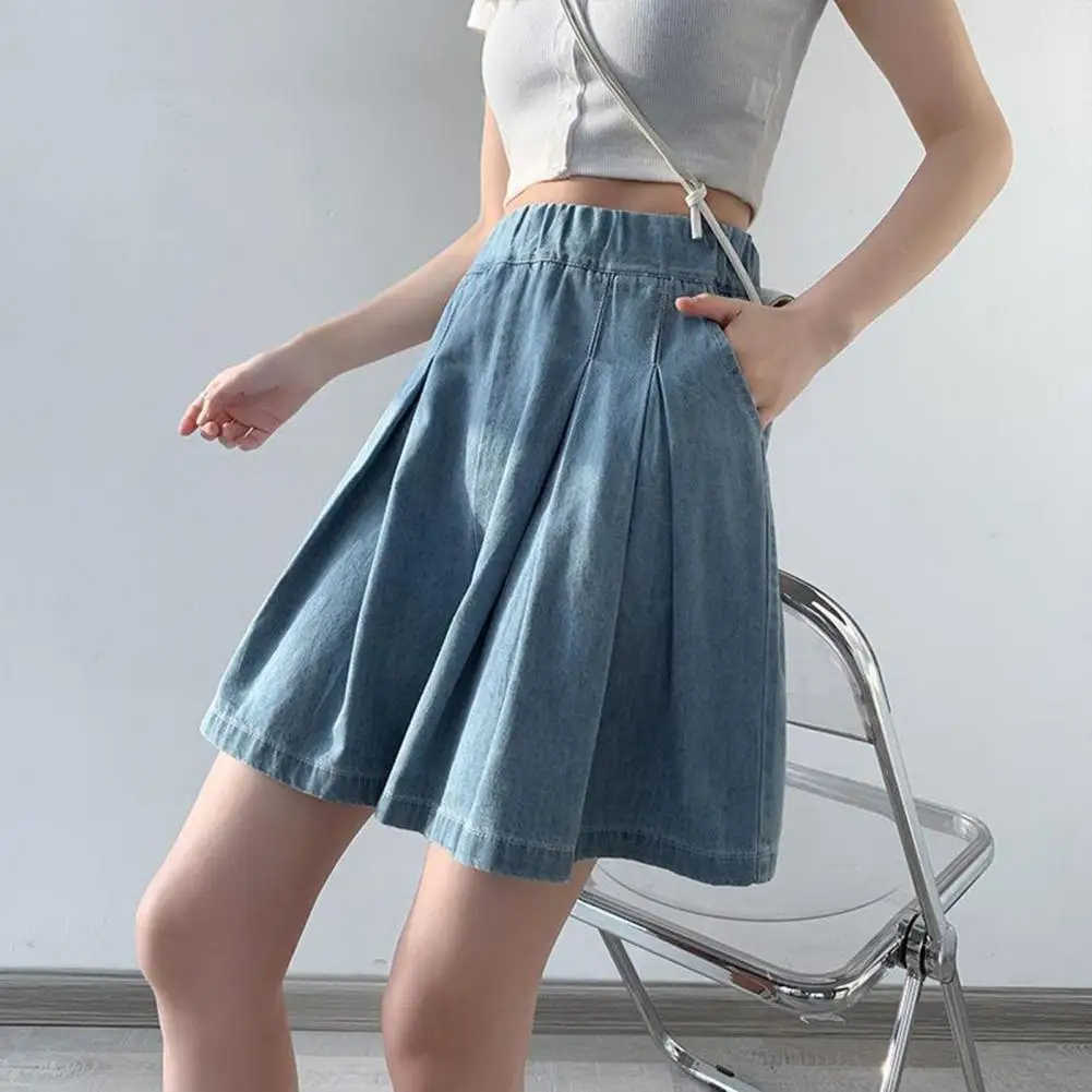 Women 2024 Summer Loose Denim Shorts For Women High Elastic Waist Blue Or Sky Blue Pleated Mini Sport Wide Short Female Casual