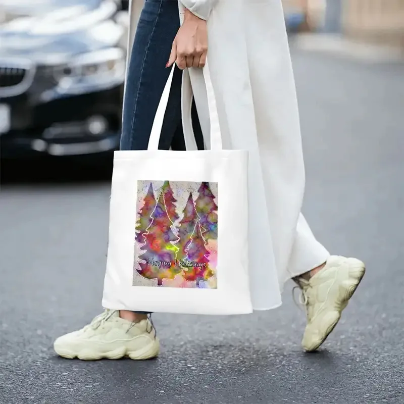 1pc, Women'S Retro Winter Tote Bag with Multicolor Pastel Pink/Green/Purple/Blue/Pink Christmas Tree Print - Light And Reusable