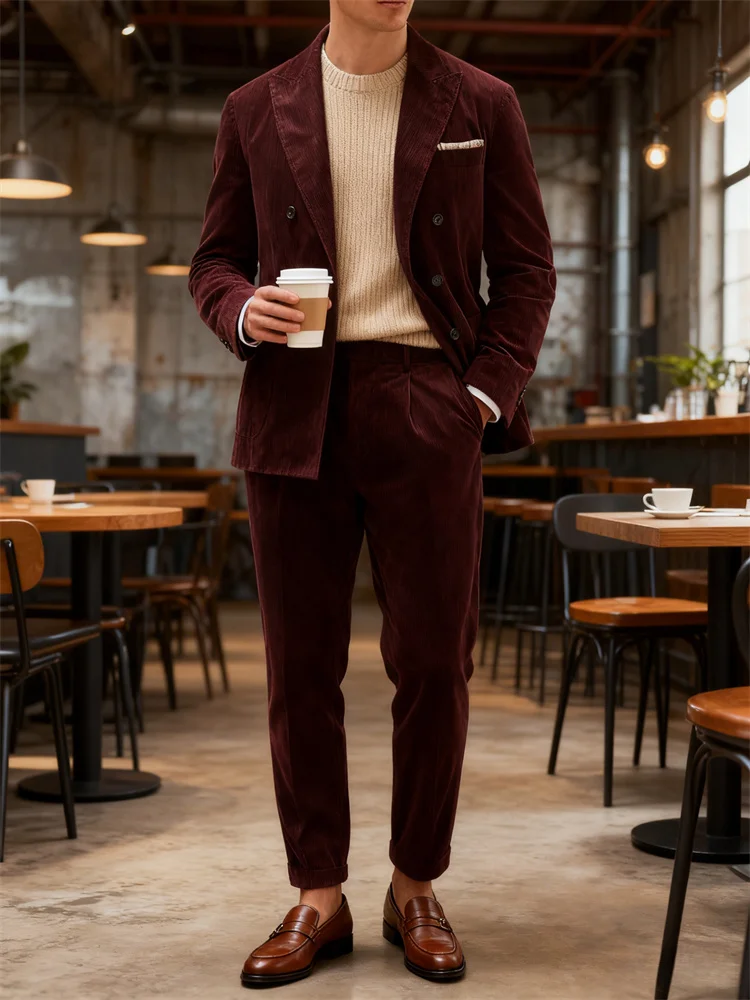 Outono inverno veludo masculino 2 peças terno homem profundo borgonha terno jaqueta terno calças terno grosso superior para banquete de casamento negócios