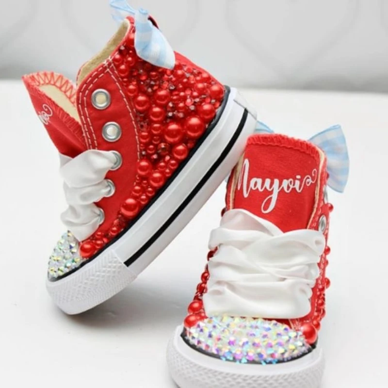 Kids Shoes Name Photo Custom Design For Girl Birthday Party Canvas Dollbling Handmade Bling Rainbow Pearls Sneakers