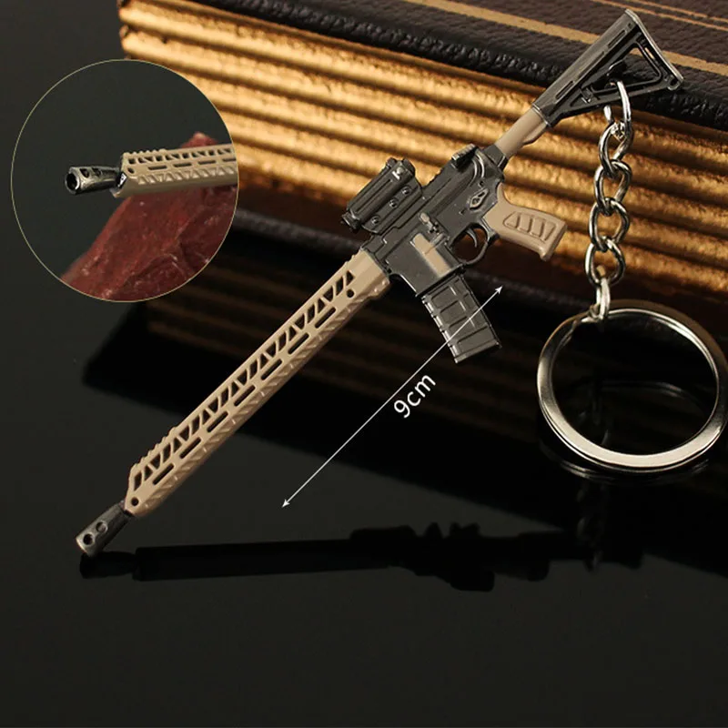 9cm PUB Gun Keychain Weapon Model Mini MK107 Desert Gray Keyrings Alloy Toy Sword Cosplay Gifts for Boys Collection Pendant