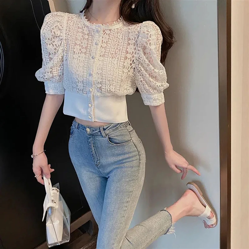 MEXZT Elegant Blouses Women Sweet Hollow Out Lace Shirts Vintage Korean Summer Puff Sleeve Solid Simple Slim Casual Crop Tops