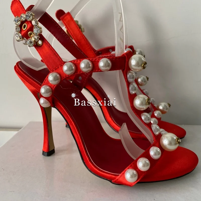 Pearl Bead Decor T-Strap Stiletto Heel Sandals for Women Luxury Satin Ankle Strappy Party Shoes 10cm Summer