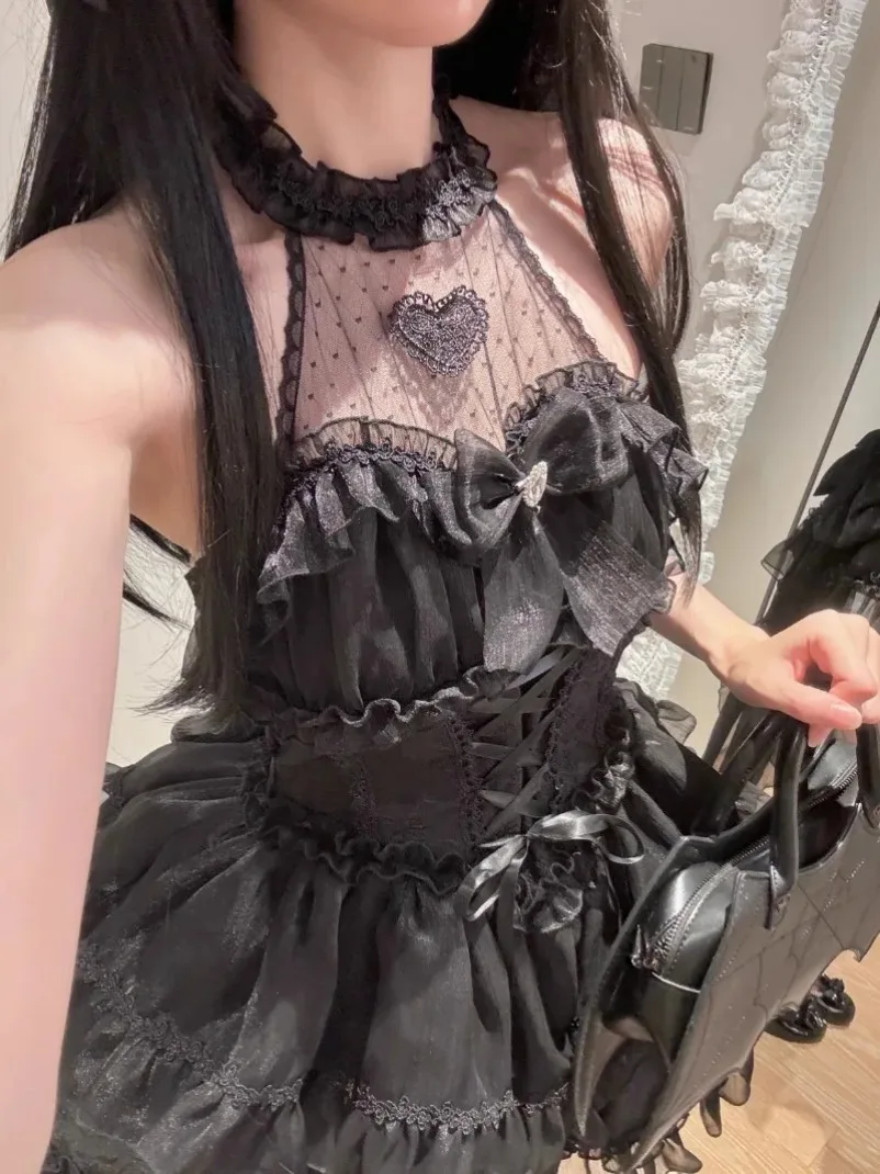 جديد اليابانية القوطية لوليتا الأميرة النساء Kawaii الدانتيل الكشكشة القوس ضمادة سليم حفلة 2025 الفتيات Y2k أنيقة لطيف فستان قصير