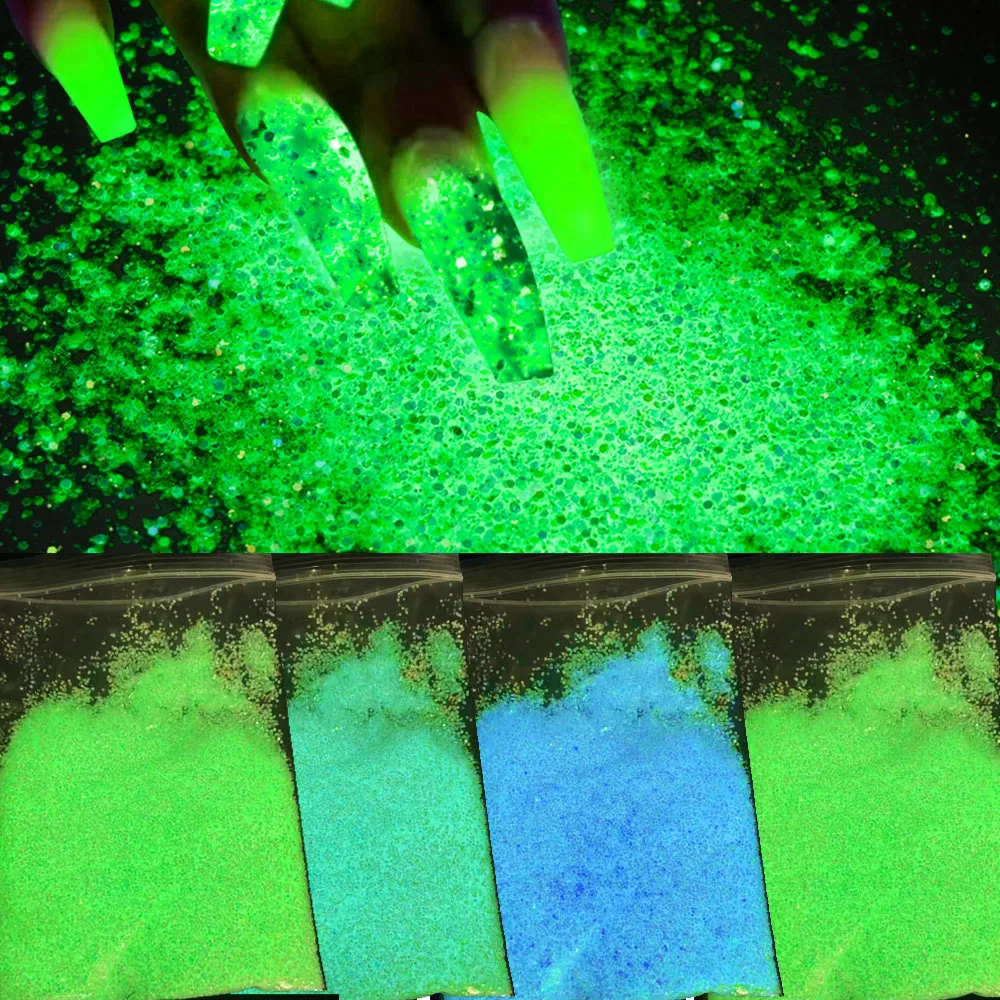 

10g/bag Mixed Luminous Phosphor Nail Art Sequins 0.2/0.4/0.6mm Blue Green Light Phosphor Nail Flakes Glow-In-Dark Glitter Sequin