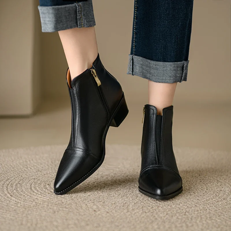 2024 New Autumn Women Boots Genuine Leather Shoes for Women Pointed Toe Ankle Boots Black Modern Boots Lady Leather Shoes