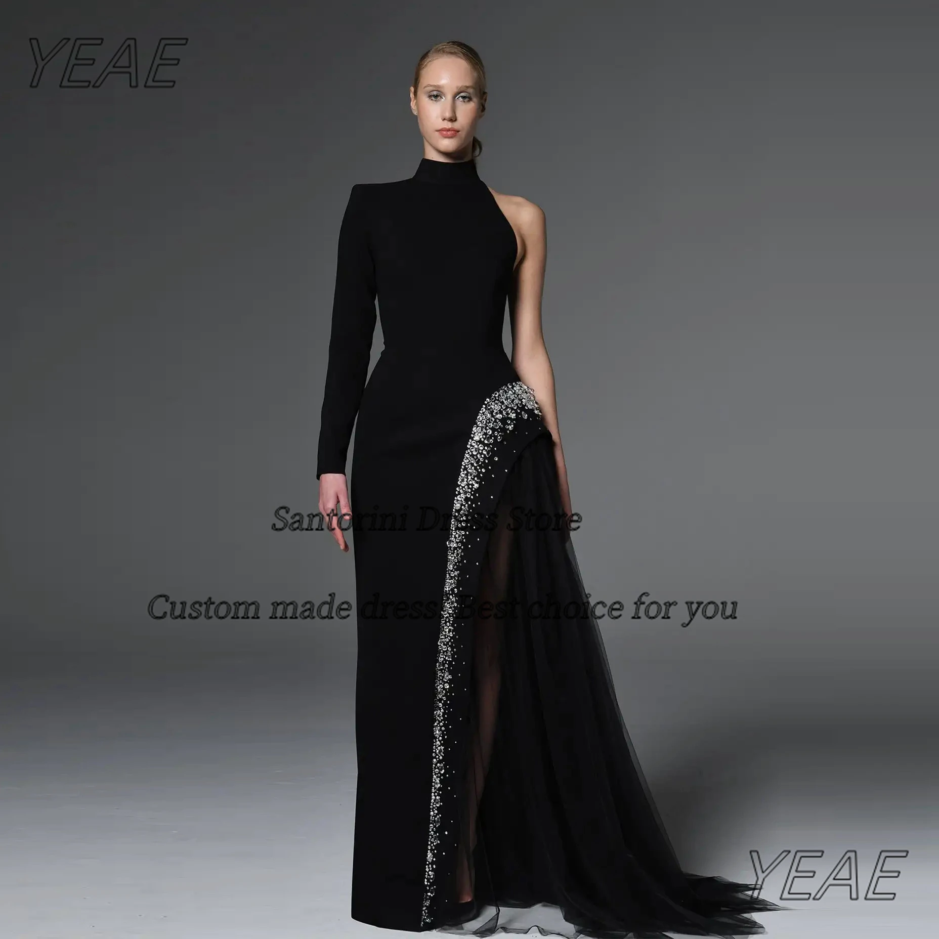 Santorini Black High Collar Vestidos De Gala Prom Dresses Customized Long Sleeve Beaded Side Tulle Evening Party Gowns
