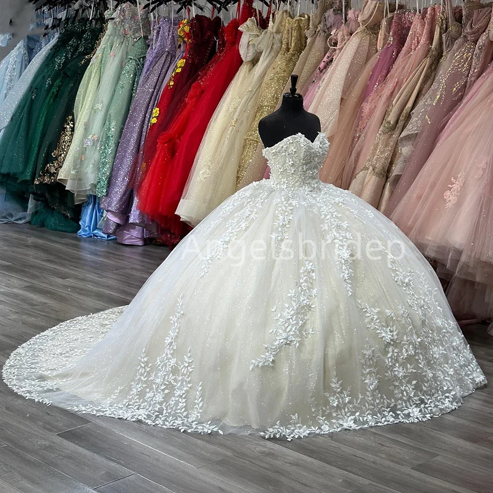 Angelsbride gaun pesta putih gaun Quinceanera korset berlipat renda berpayet manik-manik Vestidos De 15 ainggos