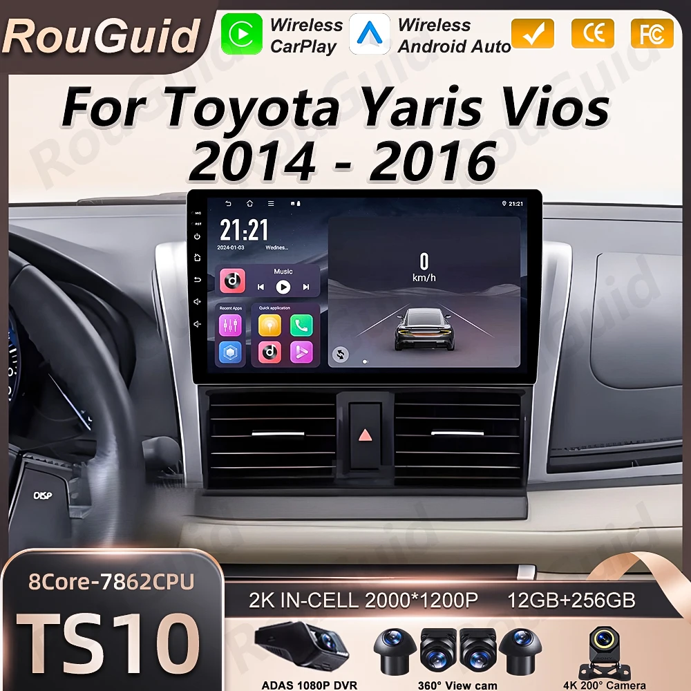 

Автомагнитола Android 16 с CarPlay для Toyota Yaris Vios 2014-2016, мультимедийный плеер с 2K сенсорным экраном, Bluetooth, GPS-навигация, DVD
