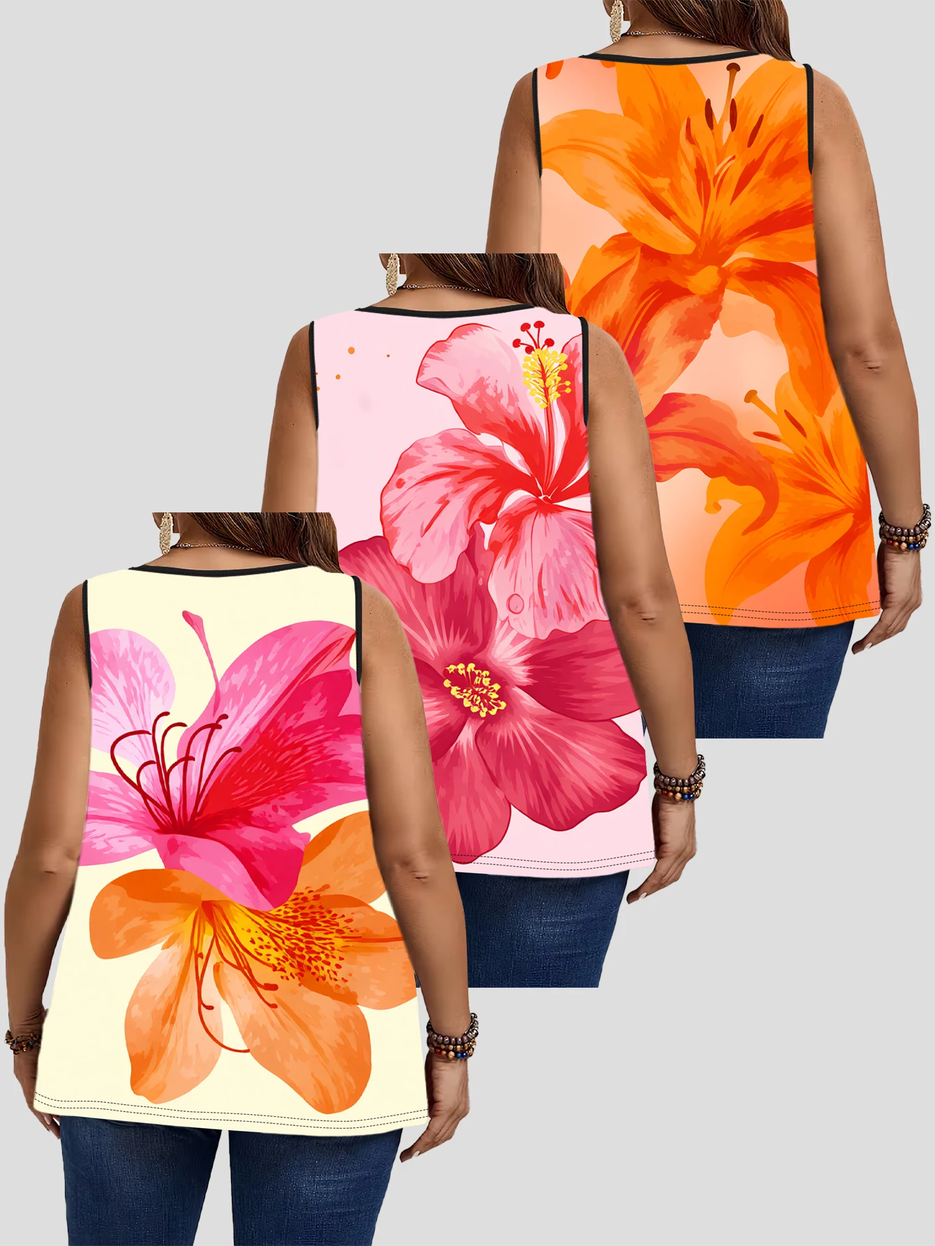 3-Piece Set of Plus-Size Sleeveless Vests | Tropical Large-Flowered Lily and Hibiscus Color-Block Floral Print Loose-Fitting, Figure-Flattering Round-Neck Casual Outerwear Tops