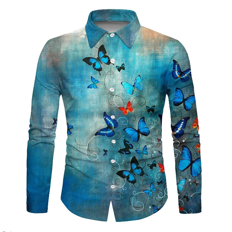 

New Men's Christmas Long Sleeve Shirt 3D Butterfly Beach Holiday Long Sleeve Autumn Winter Top Men's Floral Shirt