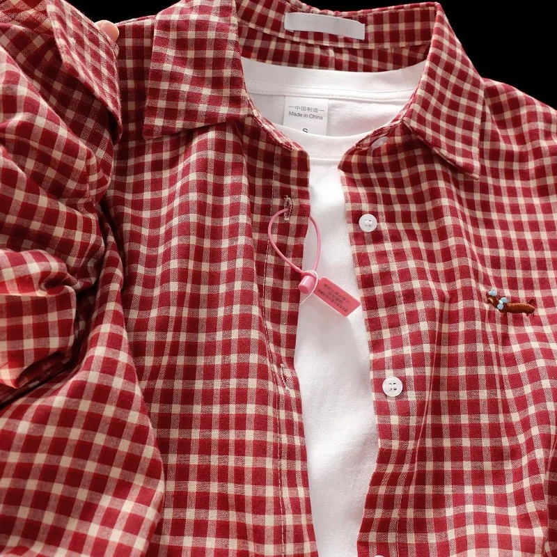 Deeptown Red Plaid Women Shirts Vintage Dog Embroidery Long Sleeve Korean Fashion Blouses Oversized Preppy Casual Basic Trendy