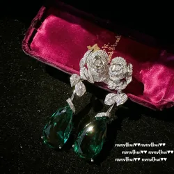 925 Silver Elegant Flower Green Earrings for Women Dazzling Cubic Zirconia Water Drop Long Dangles Luxury Wedding Bridal Jewelry