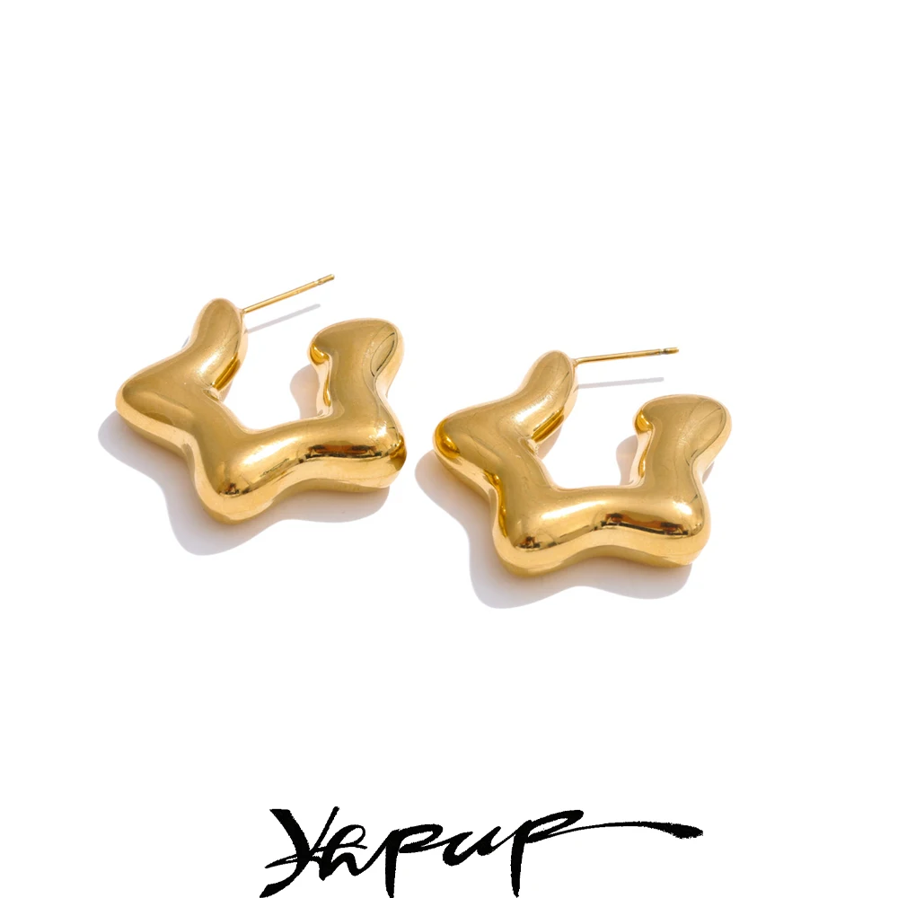 Yhpup Anti Allergic Stainless Steel Chunky Star Earrings Metal Hollow Gold PVD Plated Polished Daily Fashion Basic Jewelry