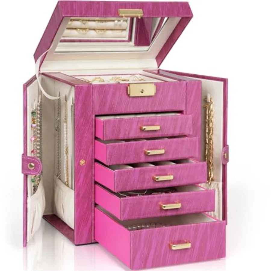 

6-уровневая шкатулка для драгоценностей, запираемый кожаный футляр для хранения ювелирных изделий с 5 ящиками для женщин и девочек, кольцо, ожерелье, серьги, браслет, держатель O