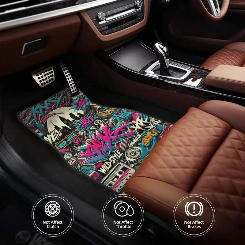 4pcs, 2D Flat, Trendy Graffiti Pattern Print Crystal Velvet Car Floor Mats 2pcs/ - Double-Layer Composite Process  Comforta