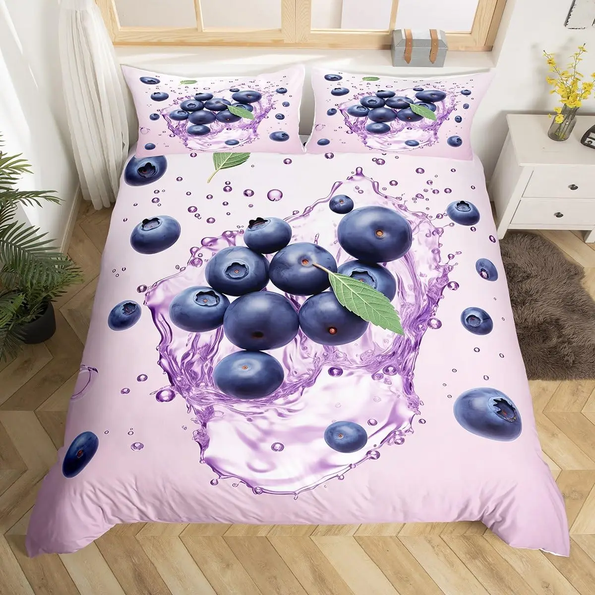 

Blueberry Duvet Cover Queen Twin for Kids Teens Adults,Watercolor Fruit Bedding Set Microfiber Botanical Themed Comforter Cover