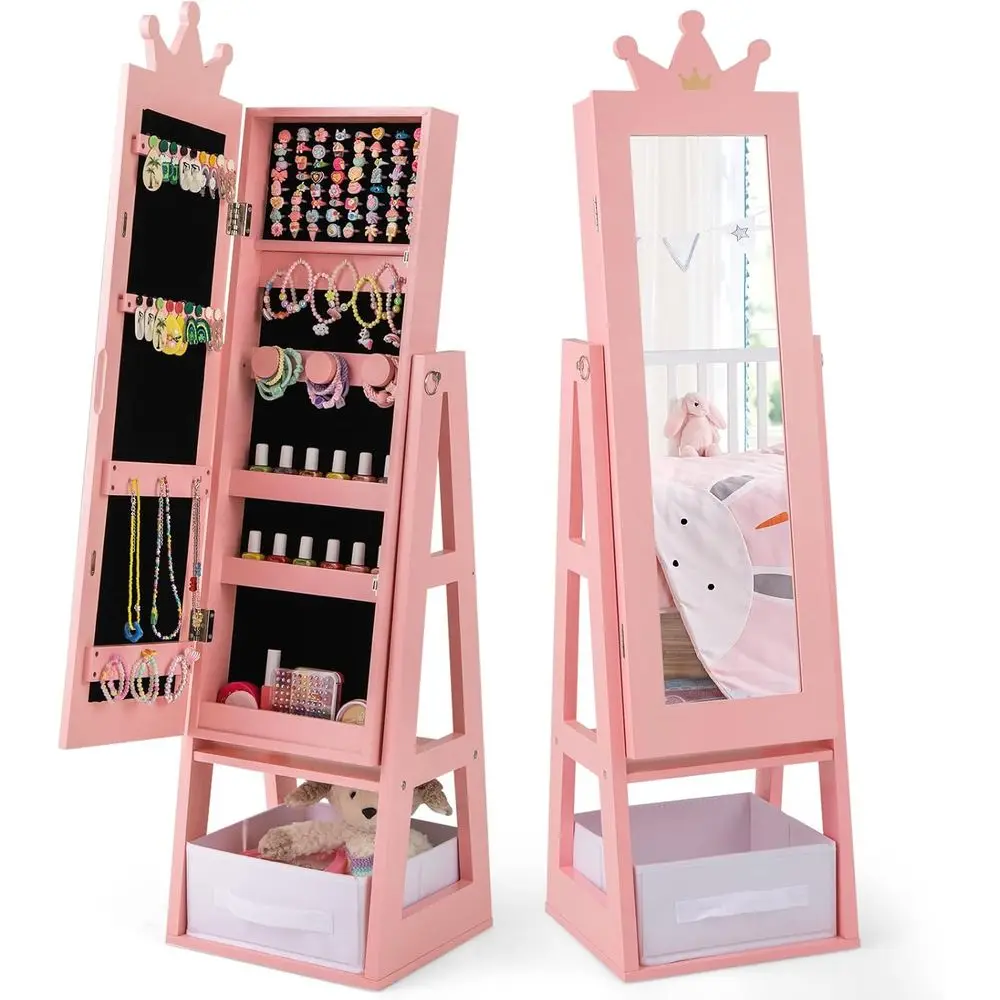 

Children's Pink Crown-Themed Wooden Vanity Cabinet with Full-Length Mirror and Storage for Girls