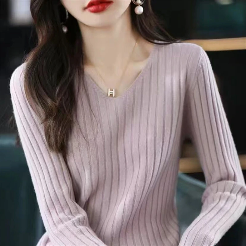 Suéter de punto básico acanalado suave para mujer, Jersey informal de manga larga con cuello en V, Tops de otoño e invierno, 2023