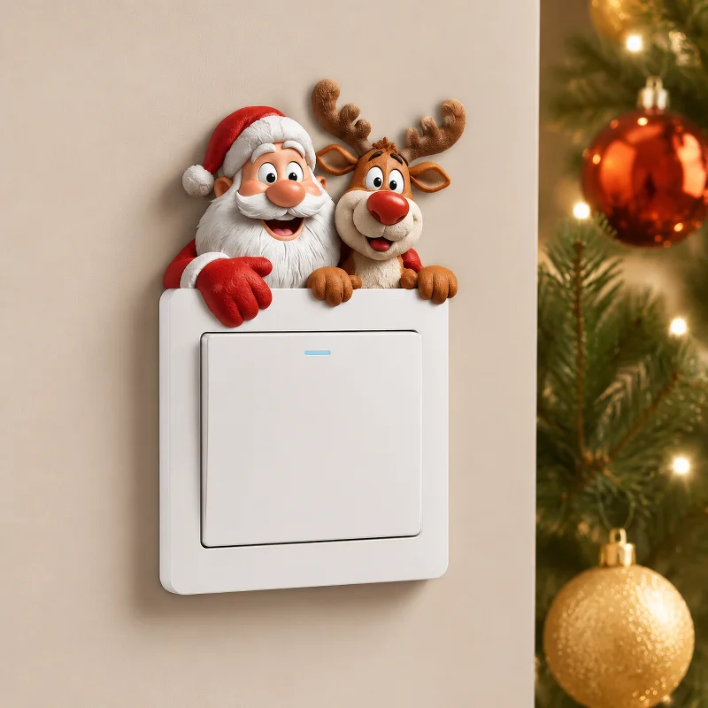Christmas Santa Reindeer Switch Sticker Flat Wall Socket Decal Light Switch Cover Sticker Xmas Home Decor Holiday Party Ornament