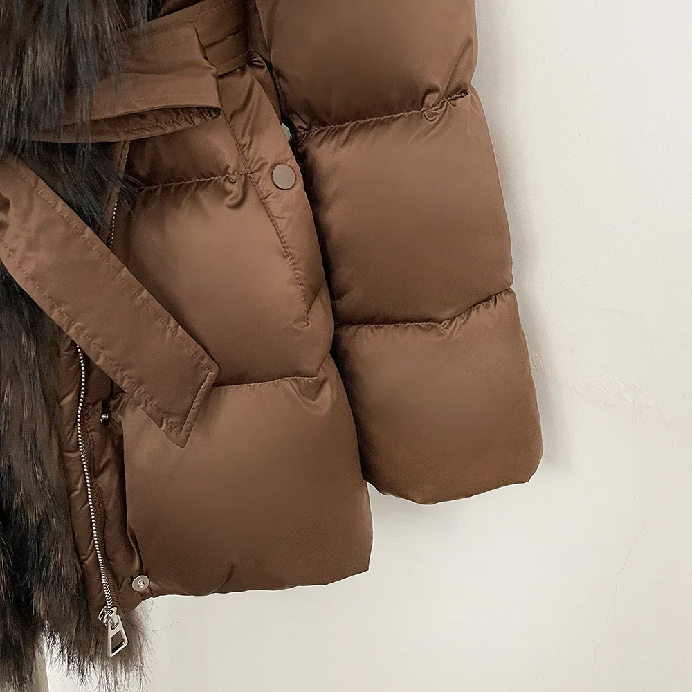 OFTBUY Luxus-Daunenjacke mit Echtfell-Gürtel, Neue Warme Dicke Winterkleidung für Damen, Großer Echter Waschbärpelz-Besatz, Daunenjacke für Frauen – Detail 5