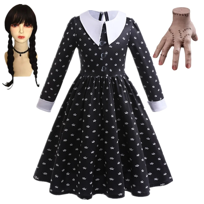 Girl Wednesday Addams Dress Children Peter Pan Collar Cosplay Costume Kids Halloween Easter Fantasy Carnival Flared Skater Dress