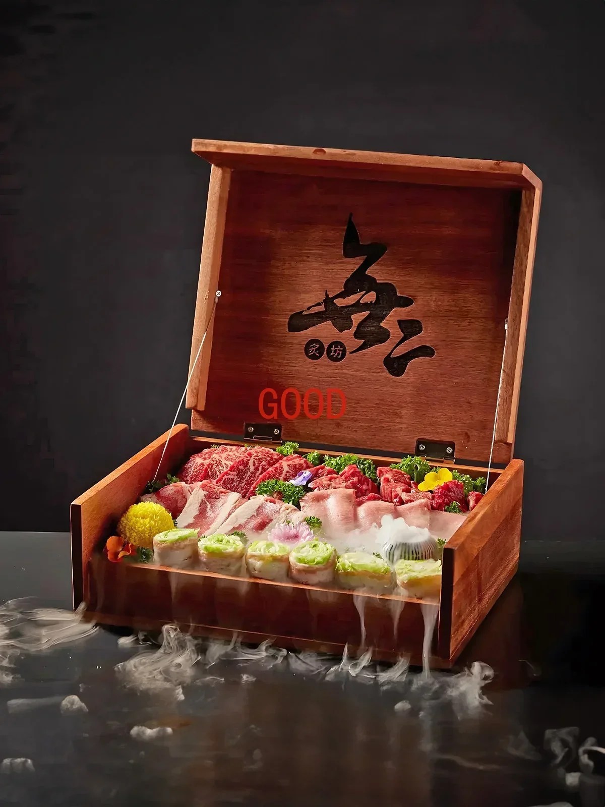 

Barbecue shop dry ice with lid smoking artistic conception dishes creative wooden box tableware