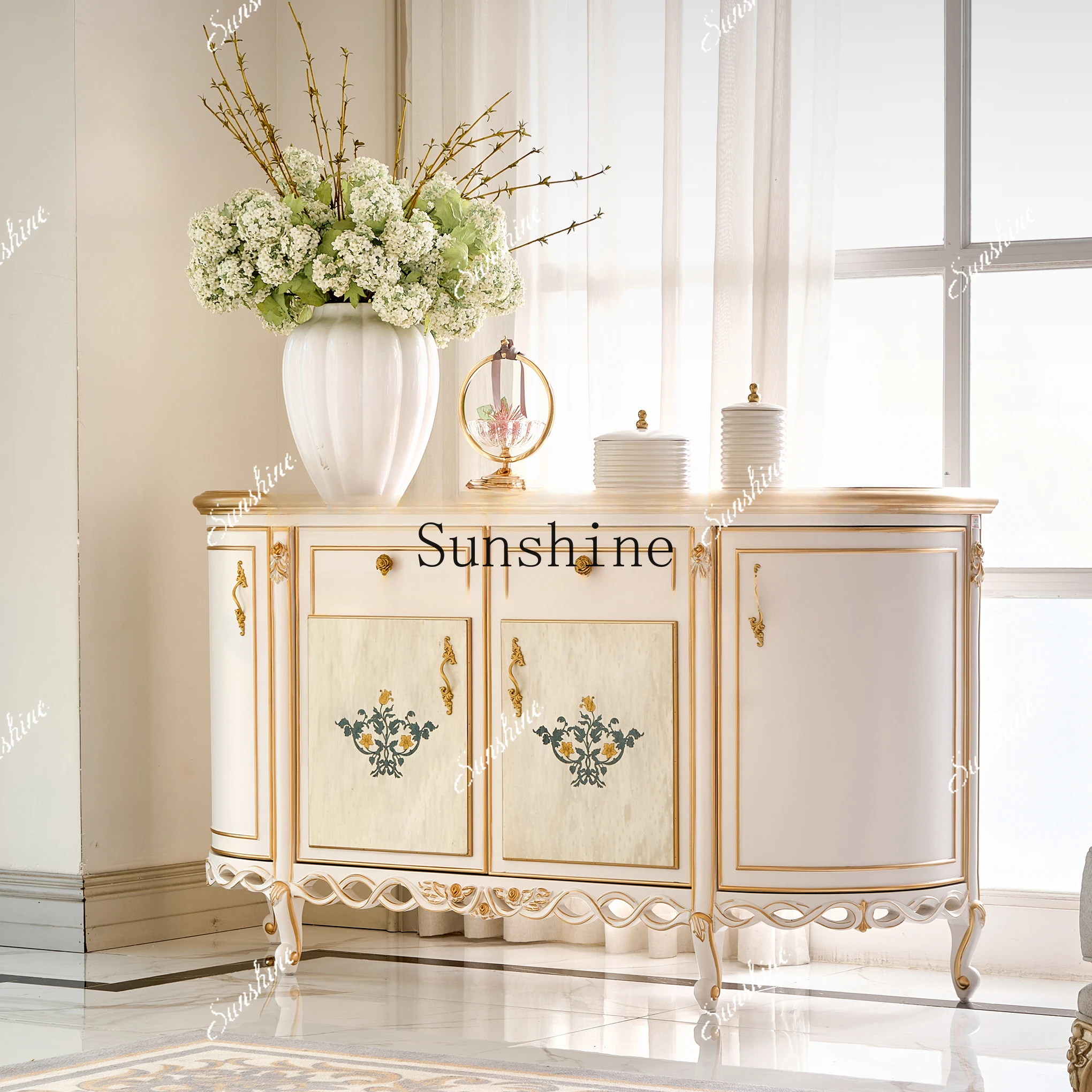 High-end custom villa furniture European retro solid wood hand-painted entrance cabinet  FT