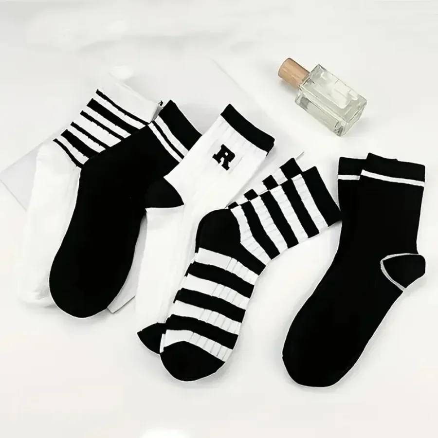 

5 Pairs of Black and White Striped Sports Socks, Casual Style, Suitable for Daily Leisure and Comfort, Suitable for All Seasons