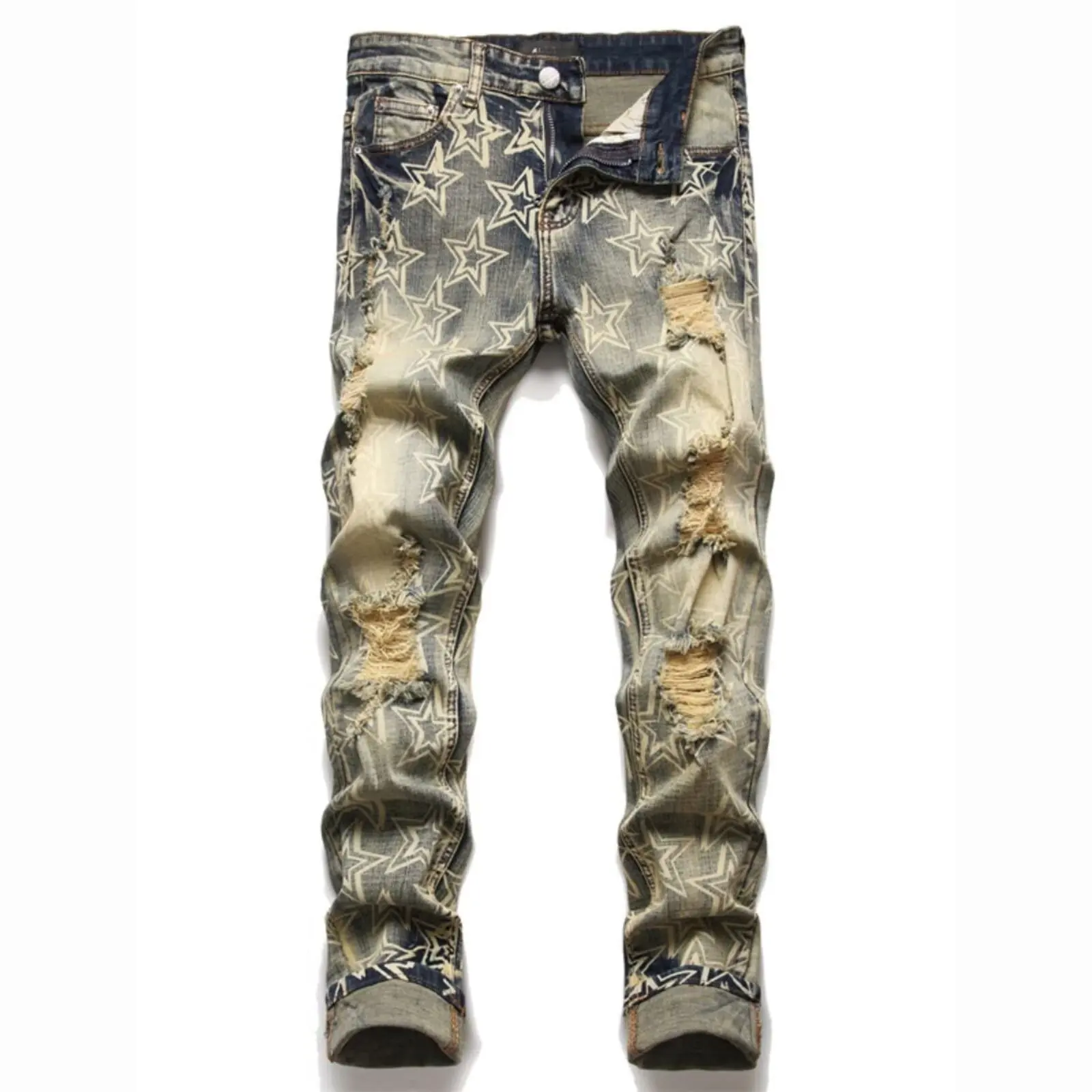 Retro Star Print Men's Skinny Jeans Y2k Casual Destroyed Denim Pants High street trendy distressed jeans