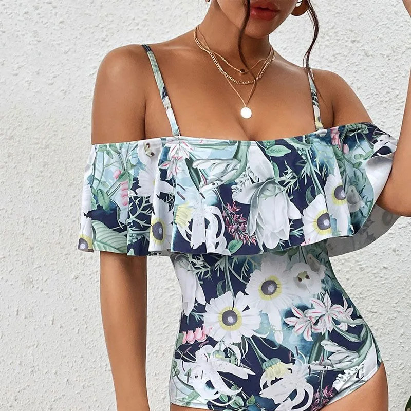 Fashion Printing Ruffles Sling Conjoined Body Swim Swimsuit New Short Sleeve Sand Casual Classic Off Shoulder Lady Swimwear