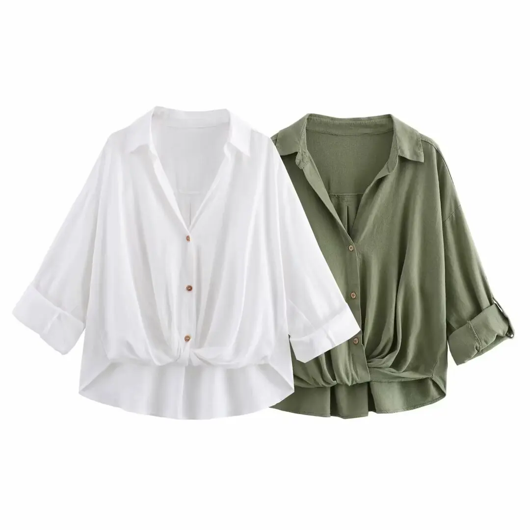 Tangada 2024 Women Bow Cotton Linen Blouses Pleated Long Sleeve Female Crop Shirts Tops 6x0351