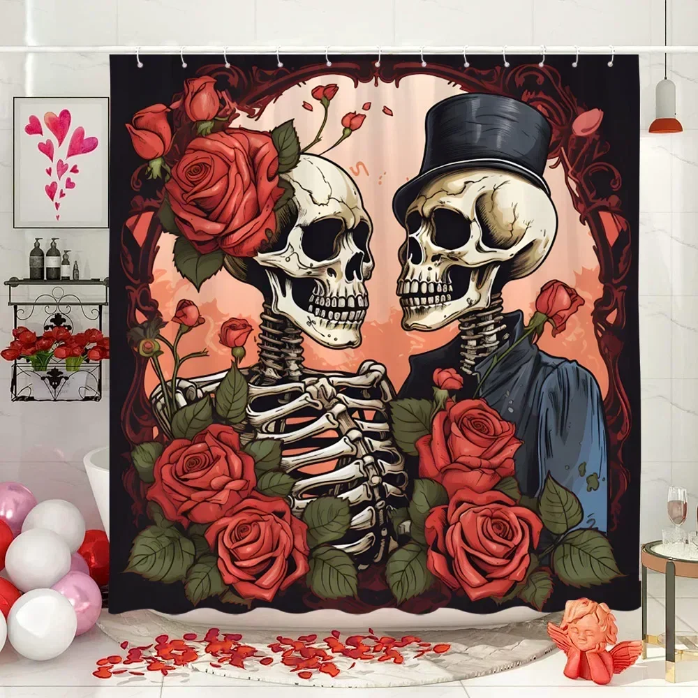 Valentine\'s Day Shower Curtain Roses Love Skulls Eternal Theme Spanish Art Fabric Bathroom Decoration
