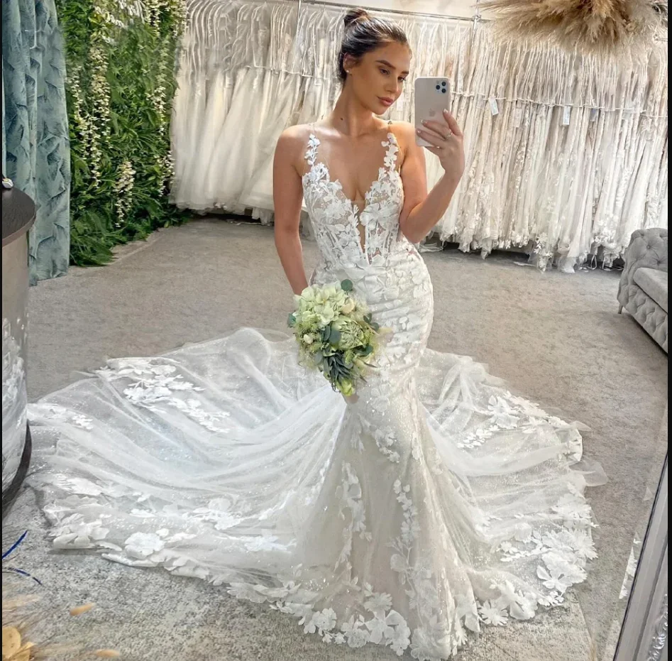 ضوء القمر فساتين زفاف حورية البحر الفاخرة الخامس الرقبة زر بلا أكمام الدانتيل يزين فستان زفاف Vestido De Noiva مخصص #1