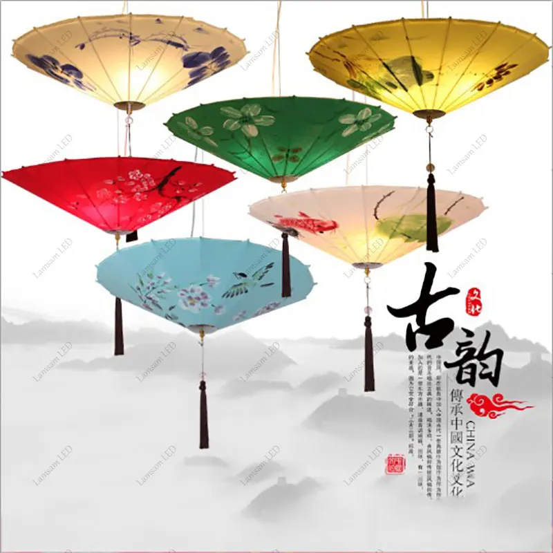 

Chinese Style Umbrella-shaped Decorative Pendant Lamp E27 Hanging Light with Painted Lampshade Room-decor Oriental Lightings