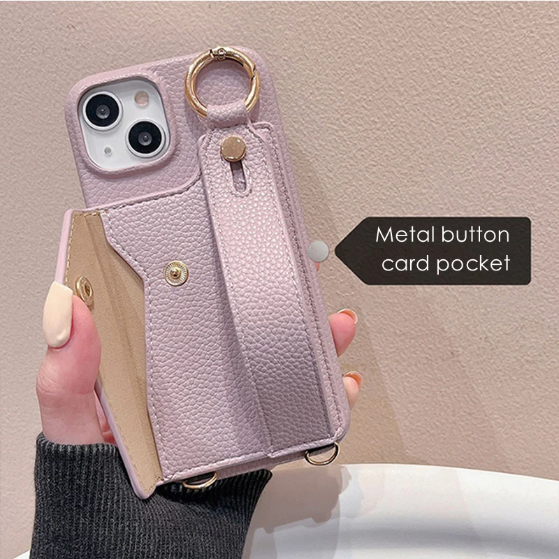 Solid color wristbands card pocket leather wallet case For iphone 13 16 15Pro Max 16Pro 15 14 Pro Ring holder leather case cover