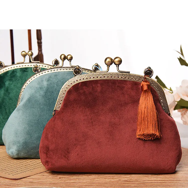 Female Vintage Handmade Velvet Minimalist Simple Hanfu Bag Lady Chinese Wedding Fringed Small Size Phone Side Sling Shoulder Bag