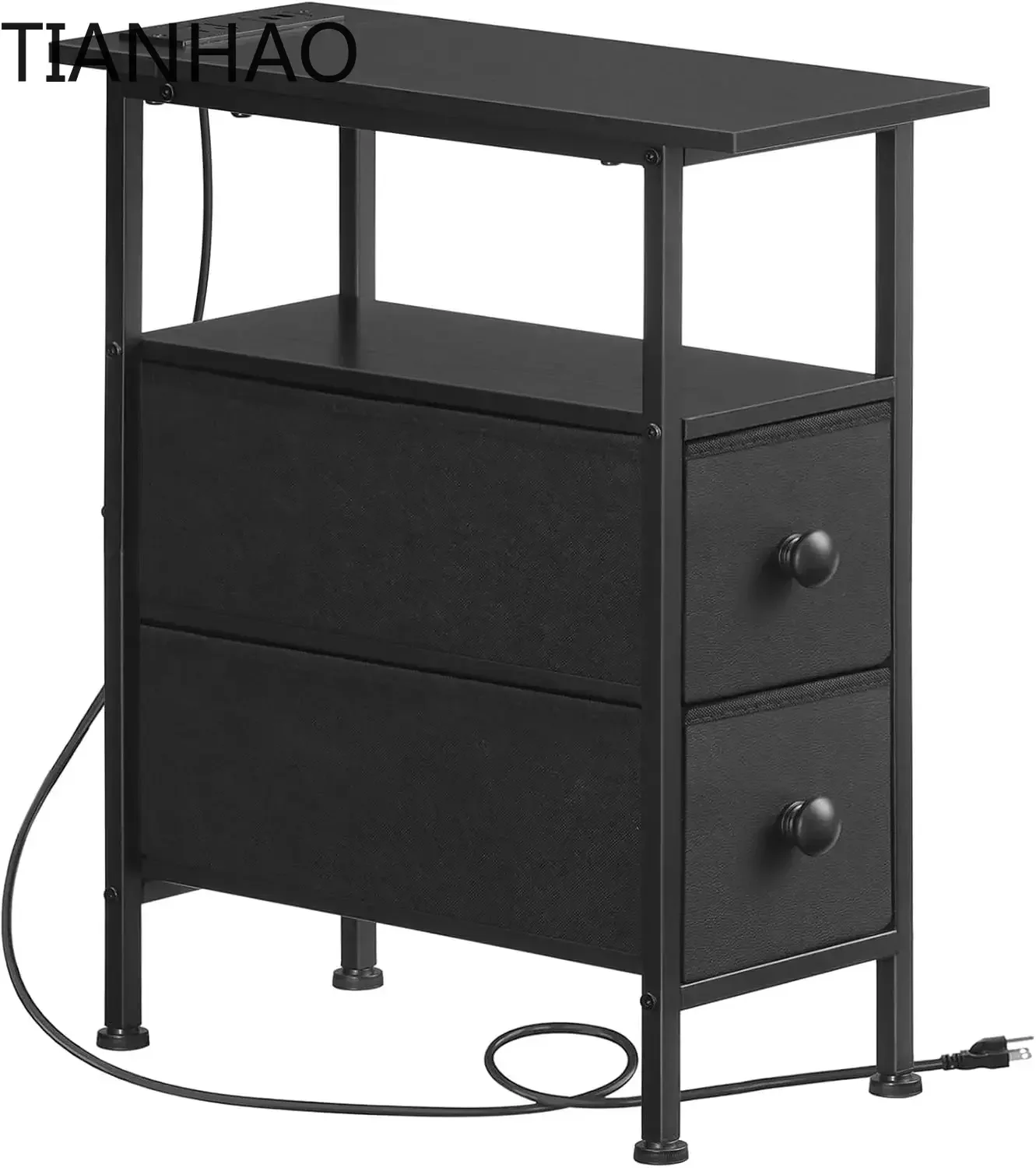 End Table with Charging Station, Narrow Side Table with 2 Fabric Drawers, Skinny Nightstand with Storage, Slim Bedside Table for