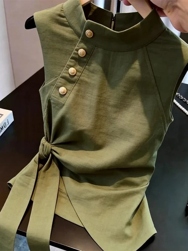 

Elegant Green Sleeveless Shirt Women's Fashionable Design Summer 2026 Large Size French Style Loose Fit Breathable Skin-Friendly