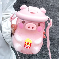 Kawaii Water Bottles Piggy Water Cup Cute Girl High Temperature Resistant Cup Straw Children Plastic Water Bottle Best gift