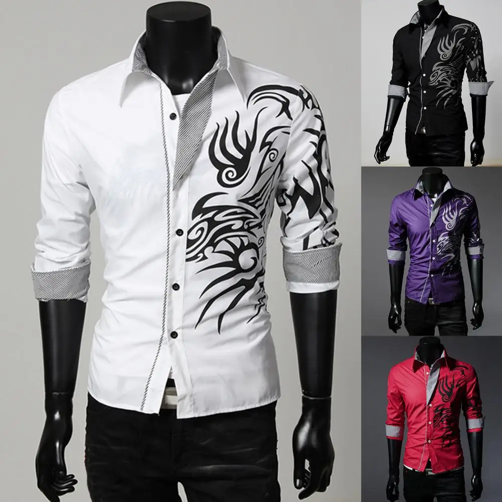 Special  Autumn Shirt Clothes Long Sleeve Men Autumn Top Loong Print Skin-friendly Men Shirt for Stage Show