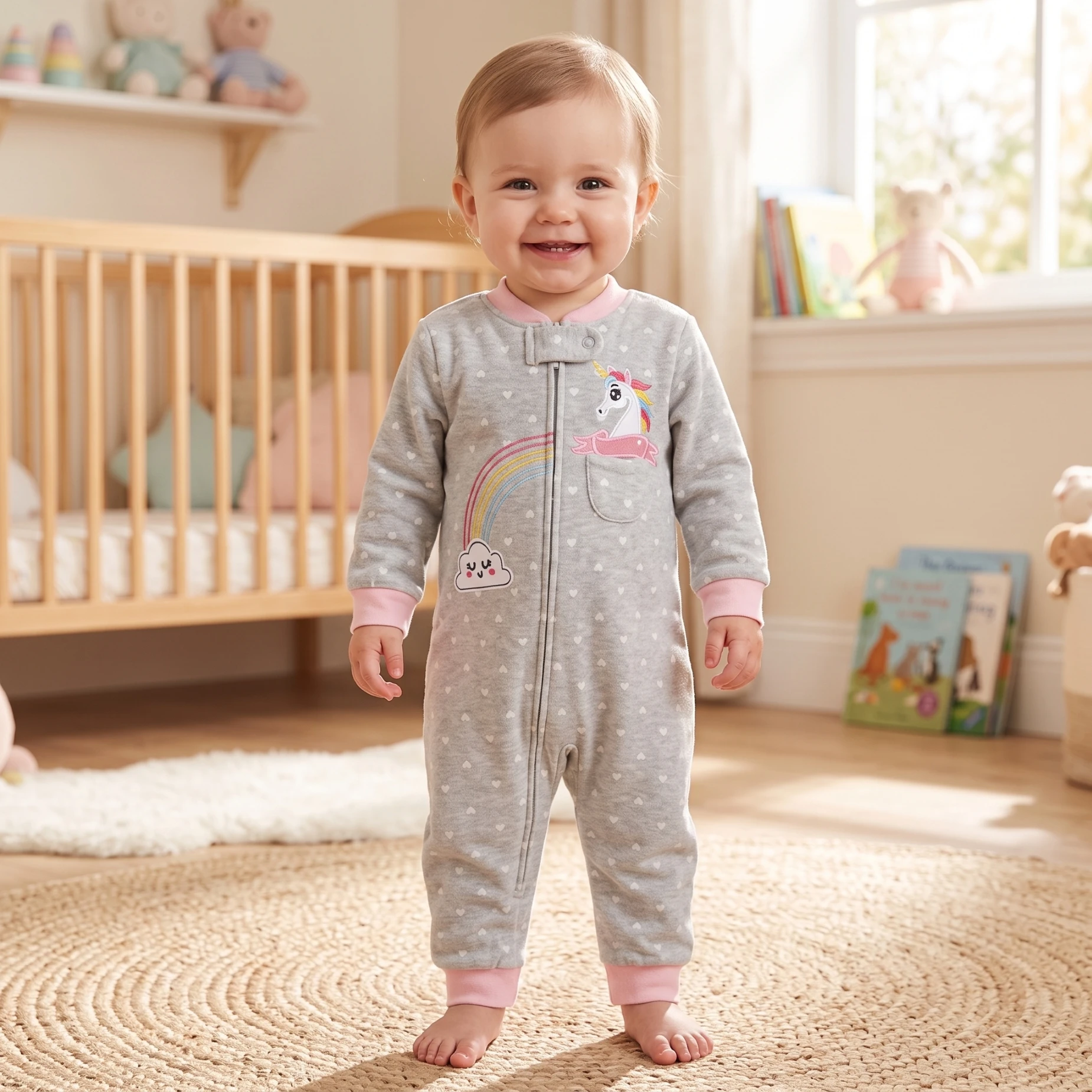 Infant Girls Double‑Sided Cotton Zip Romper Unicorn Ladybird Embroidery All‑Over Print All‑Season Baby Jumpsuit 6‑24M