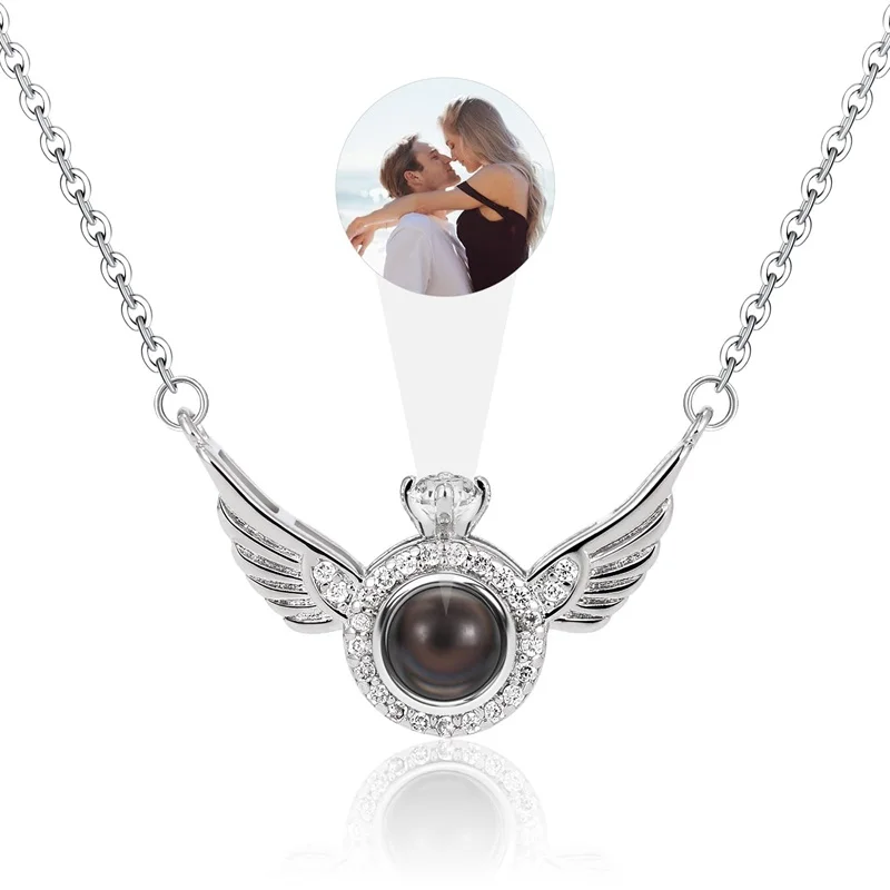 Personalized Picture Angel Wing Pendant Necklace Custom Photo Projection Necklace Birthday Memorial Gift for Wife Girlfriend