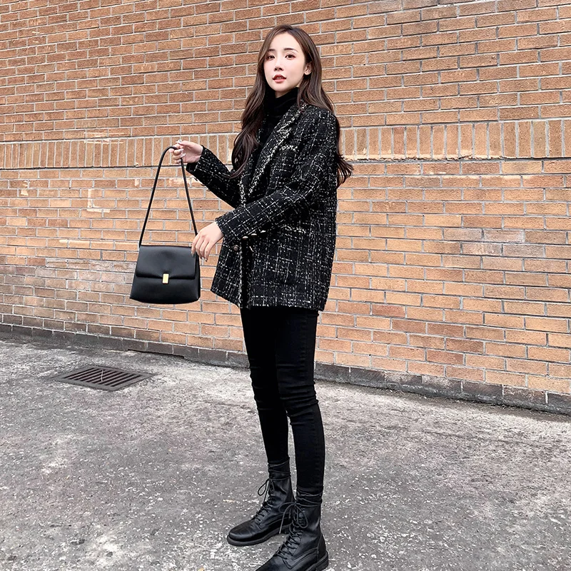 

Осень-зима, свободное шерстяное пальто в клетку, корейское пальто Long Sve, женственная клетчатая верхняя одежда, модный женский топ